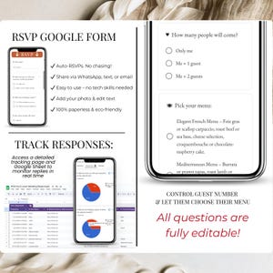 RSVP Google Form with editable questions and response tracking dashboard, showing how to manage wedding guest replies online.
