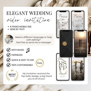 Elegant digital wedding video invitation template – 6 mobile-size pages for texting. Includes RSVP, details, program, and animated Save the Date with music. Editable Canva design, paperless and fully customizable. Top Seller badge wedding invite for modern couples.