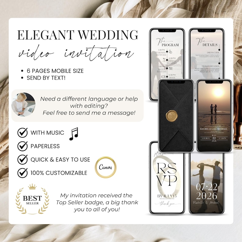 Elegant digital wedding video invitation template – 6 mobile-size pages for texting. Includes RSVP, details, program, and animated Save the Date with music. Editable Canva design, paperless and fully customizable. Top Seller badge wedding invite for modern couples.