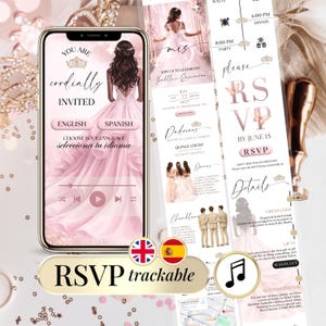Elegant pink and gold digital Quinceañera invitation website with clickable RSVP tracker, princess-inspired design, mobile-friendly layout, and editable Canva template for Mis 15 and Sweet 16 celebrations.
