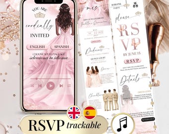 May include: Digital invitation design with a smartphone and RSVP card. The phone shows a pink dress illustration and text in English and Spanish. The RSVP card includes event details, a dress code, and accommodation information.