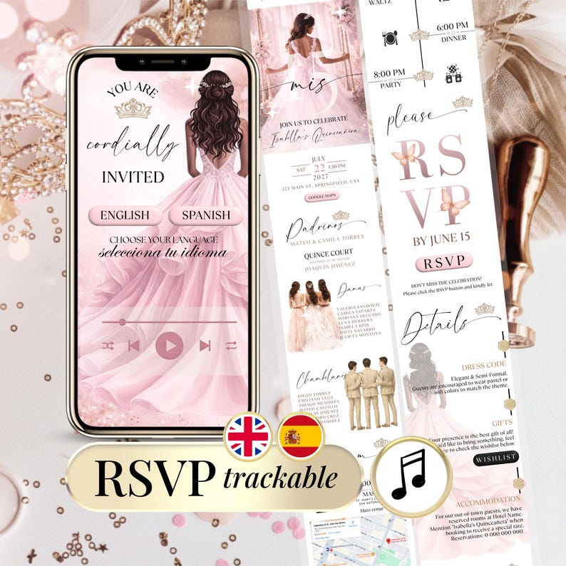 Elegant pink and gold digital Quinceañera invitation website with clickable RSVP tracker, princess-inspired design, mobile-friendly layout, and editable Canva template for Mis 15 and Sweet 16 celebrations.