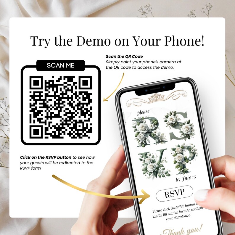 Sage Green Quinceañera Invitation with QR Code RSVP Demo – Digital Canva Template for Modern Celebrations