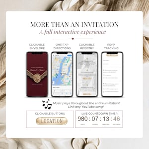 Interactive wedding invitation features: clickable envelope, one-tap Google Maps directions, clickable registry button, RSVP tracking form, custom YouTube music, and live countdown timer display