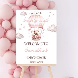 Baby Shower Sign Bearly Wait Girl Baby Shower Welcome Sign Printable, Pink Balloon Bear Shower Canva Baby Shower Template Editable Bear Sign
