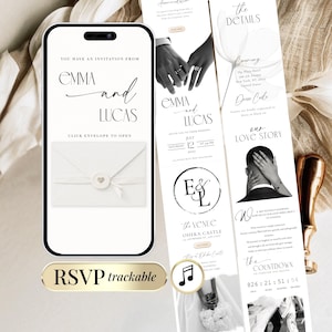 Puede incluir: Una invitación de boda digital en la pantalla de un smartphone, con los nombres "EMMA y LUCAS". El diseño incluye un sobre, información de RSVP y detalles de la boda.