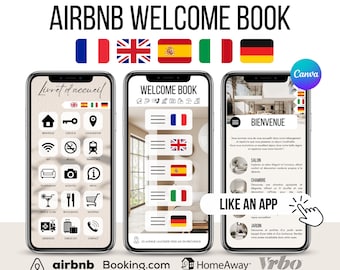 Multilingual Airbnb Welcome Book Digital Template English French, Spanish for Airbnb Hosts, Bed and Breakfasts, Cottages Vacation Rentals