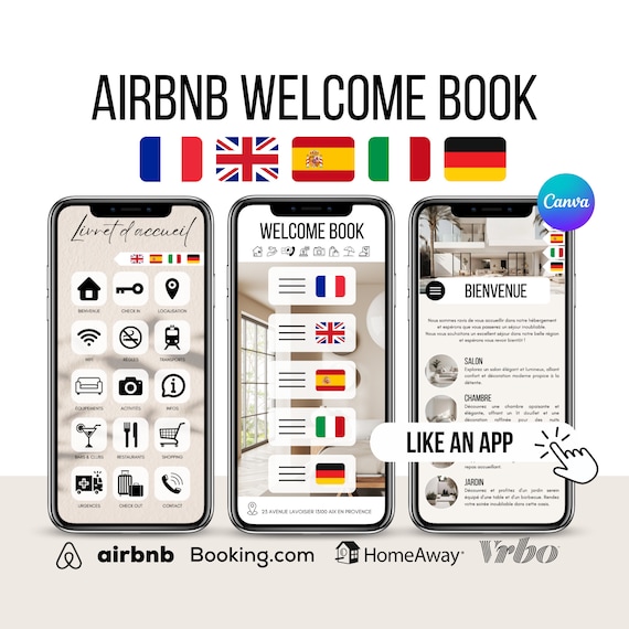 Livret d'Accueil Airbnb Digital Multilingue Français Anglais Espagnol Italien Allemand Airbnb, chambres d'hôtes, gîtes, locations vacances