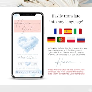 Baby shower digital invitation translated into multiple languages. Heaven Sent blue baby shower website invite for boy, editable Canva template with RSVP.