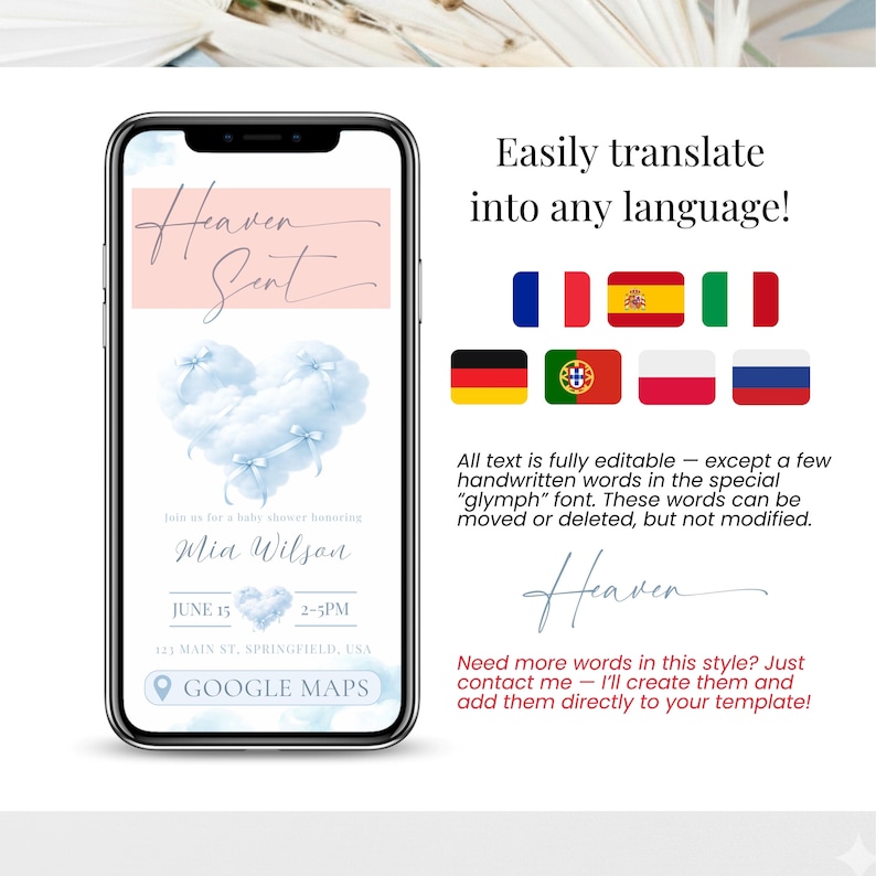 Baby shower digital invitation translated into multiple languages. Heaven Sent blue baby shower website invite for boy, editable Canva template with RSVP.
