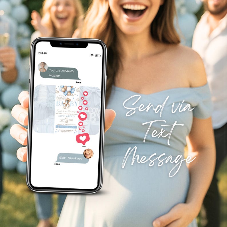 Baby Shower Invitation Website for Boy showcasing phone preview shared via text message. Modern digital baby shower RSVP with form link and countdown page, easy to send to guests. Blue teddy bear theme Canva template, editable, perfect for boy baby shower with cute balloons and elegant soft neutral layout.