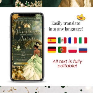 May include: A smartphone displays a quincea&ntilde;era invitation with a princess illustration in a green gown. The invitation includes the text "Maria & Alejandro Rivera" and "Isabella". The image also shows flags and the text "Easily translate into any language!" and "All text is fully editable!"