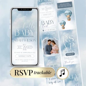 May include: A digital baby shower invitation displayed on a smartphone screen with a light blue sky and cloud background. The design features the text hello BABY, Noah Wilson, July 22, 2026, and RSVP details, alongside illustrations of teddy bears in hot air balloons.