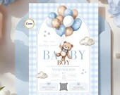 Baby Shower Invitation Template - Boy Blue Teddy Bear Invite - Editable Printed Invite with QR Code - We Can Bearly Wait Teddy Bear Boy
