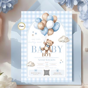 Modelo de convite para chá de bebê - Convite de ursinho azul para menino - Convite impresso editável com código QR - Ursinho de pelúcia We Can Bearly Wait para menino