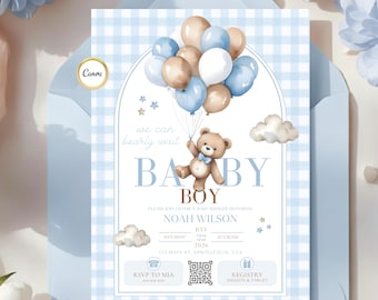 Baby Shower Invitation Template - Boy Blue Teddy Bear Invite - Editable Printed Invite with QR Code - We Can Bearly Wait Teddy Bear Boy