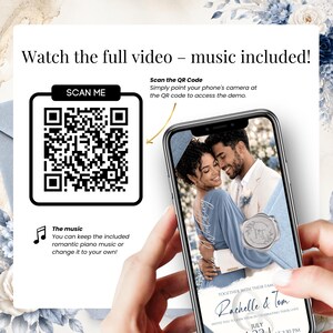 Watch the full Dusty Blue Wedding Invitation Video with music included. Scan the QR code to preview the animated Canva wedding invitation featuring a luxury blue and silver wedding design and elegant envelope opening.