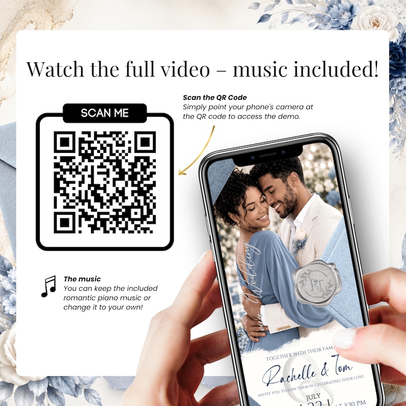 Watch the full Dusty Blue Wedding Invitation Video with music included. Scan the QR code to preview the animated Canva wedding invitation featuring a luxury blue and silver wedding design and elegant envelope opening.