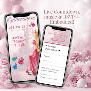 Sleeping Beauty themed Quinceañera and Sweet 16 digital invitation with live countdown, music, and RSVP embedded. Princess pink Canva template for online event website. Elegant modern design perfect for 15th birthday celebrations with interactive RSVP and shareable link.