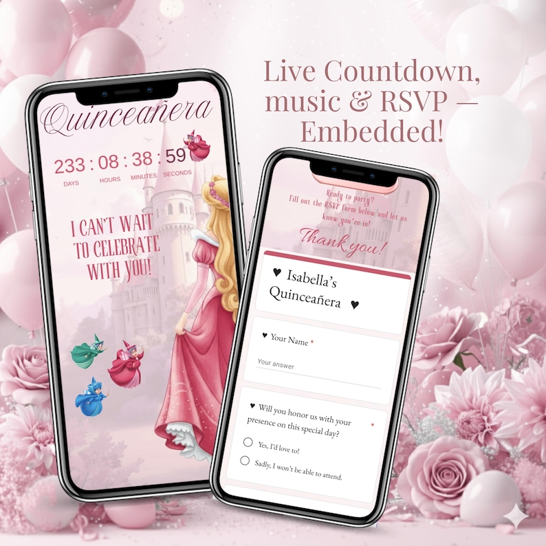 Sleeping Beauty themed Quinceañera and Sweet 16 digital invitation with live countdown, music, and RSVP embedded. Princess pink Canva template for online event website. Elegant modern design perfect for 15th birthday celebrations with interactive RSVP and shareable link.