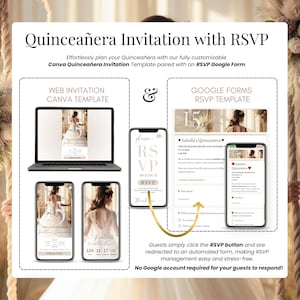 Quinceañera digital invitation with RSVP form, editable Canva web template and Google Forms integration. Includes mobile and desktop layouts, RSVP tracker, countdown timer, and customizable fields. Perfect for Sweet 15 or Sweet 16 events. No Google account required for guests. Easy online RSVP.