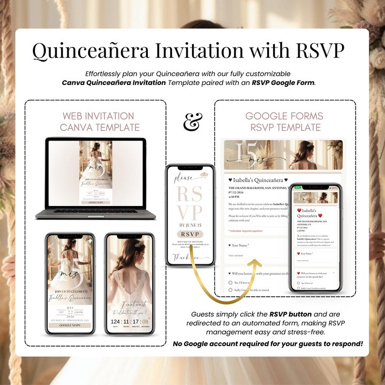 Quinceañera digital invitation with RSVP form, editable Canva web template and Google Forms integration. Includes mobile and desktop layouts, RSVP tracker, countdown timer, and customizable fields. Perfect for Sweet 15 or Sweet 16 events. No Google account required for guests. Easy online RSVP.