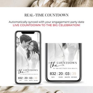 Live countdown feature on engagement party digital invitation website, real-time timer displayed on Canva invitation with couple photo and elegant design.