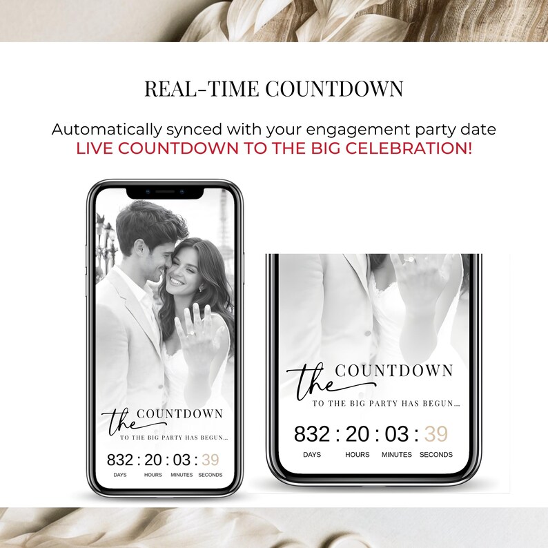 Live countdown feature on engagement party digital invitation website, real-time timer displayed on Canva invitation with couple photo and elegant design.