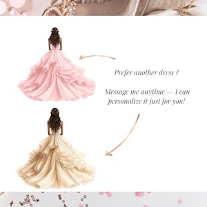 Quinceañera invitation template dress customization options with pink and gold princess gowns, Canva editable design, choose preferred style for digital Sweet 16 invitation, elegant video invite personalization feature