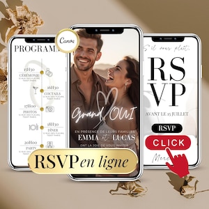 Personalisierte digitale Hochzeitseinladung mit Online-RSVP – Digitale Ankündigung zum Bearbeiten mit Canva im Stil einer Hochzeit im französischen Modern-Chic
