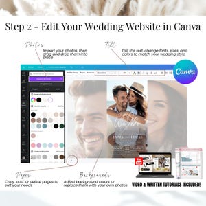 Step 2: Edit your wedding website in Canva. Customize text, photos, fonts, colors, and backgrounds to match your style. Add, copy, or delete pages easily. Perfect for creating a modern, digital wedding invitation with clickable RSVP. Includes step-by-step video and written tutorials for a simple and stress-free setup. No design experience needed.
