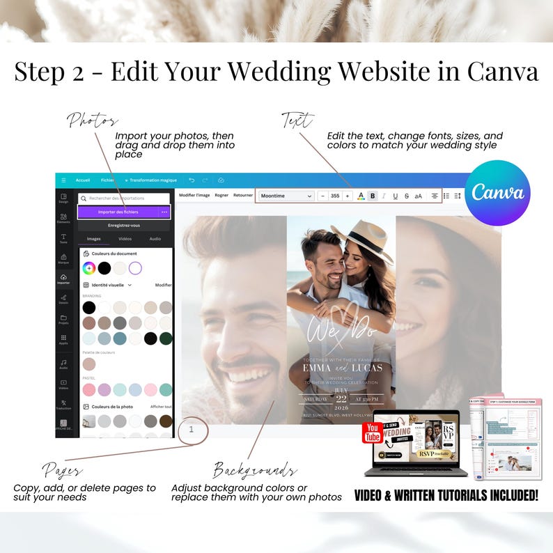 Step 2: Edit your wedding website in Canva. Customize text, photos, fonts, colors, and backgrounds to match your style. Add, copy, or delete pages easily. Perfect for creating a modern, digital wedding invitation with clickable RSVP. Includes step-by-step video and written tutorials for a simple and stress-free setup. No design experience needed.