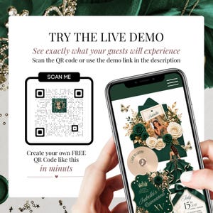 Emerald Green Quinceañera Website Invitation live demo with QR code, RSVP link, music player, countdown timer, and interactive Canva website template. Elegant digital invitation for Sweet 16, Mis Quince Años, and XV celebrations.