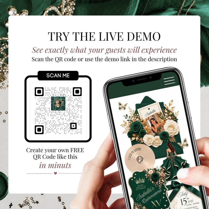 Emerald Green Quinceañera Website Invitation live demo with QR code, RSVP link, music player, countdown timer, and interactive Canva website template. Elegant digital invitation for Sweet 16, Mis Quince Años, and XV celebrations.
