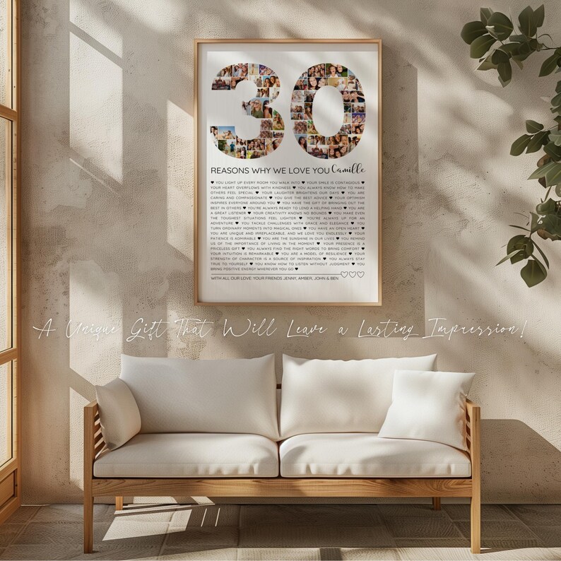 DIY photo collage template for a 30th birthday, customizable with photos and text. This '30 Reasons We Love You' Canva design makes a sentimental and creative gift for celebrating 30 years of cherished moments.
