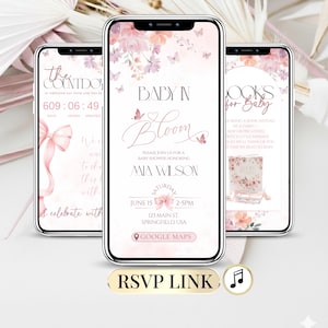 May include: Three smartphones displaying baby shower invitations. The central phone features the text "Baby in Bloom" with floral and butterfly accents. The invitations include event details, such as the date, time, and location, and an RSVP link.