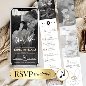 Peut inclure: Une invitation de mariage numérique sur un smartphone. Elle présente une photo en noir et blanc d'un couple, des détails de l'événement, et un compte à rebours. Le design est élégant avec des accents dorés et RSVP.