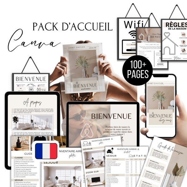 AIRBNB Pack Français, Livret d'accueil, Panneau de bienvenue, Affiches, Posters, Guide de nettoyage, Inventaire, Airbnb template Canva