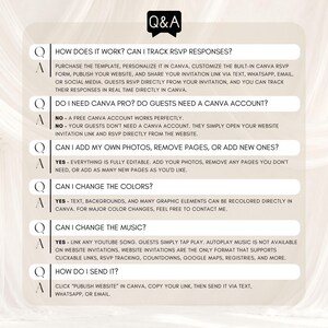 Wedding website FAQ page explaining Canva RSVP tracking, free Canva account, editable photos and pages, color changes, YouTube music and sharing by text, WhatsApp or email. Beginner-friendly digital wedding invitation template.