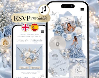 May include: Two smartphones display a digital Quinceañera invitation suite in shades of dusty blue and white. The screens feature floral arrangements, a photo of a person in a gown, a countdown timer, and text including Isabella, July 15, 2027.