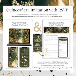 Green gold Tiana quinceañera invitation template displayed on phone, princess digital invite with RSVP website, countdown timer, Canva editable mobile invitation design