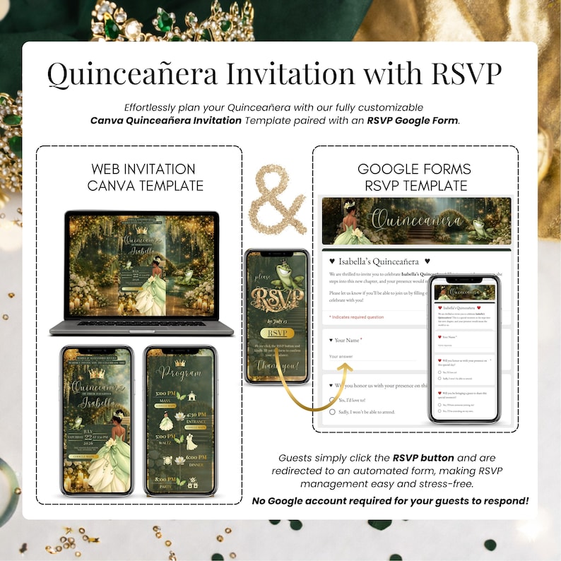 Green gold Tiana quinceañera invitation template displayed on phone, princess digital invite with RSVP website, countdown timer, Canva editable mobile invitation design