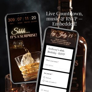 40th Birthday Digital Invitation for Men – Whiskey Theme Editable Party Invite with live countdown timer, RSVP form and music embedded. Online milestone birthday card template customizable in Canva, perfect for surprise parties. Instant download digital invitation for men, designed for 40th birthday but also works for 50th or 60th celebrations. Share instantly via SMS, WhatsApp or email. Aged to Perfection whiskey invite.