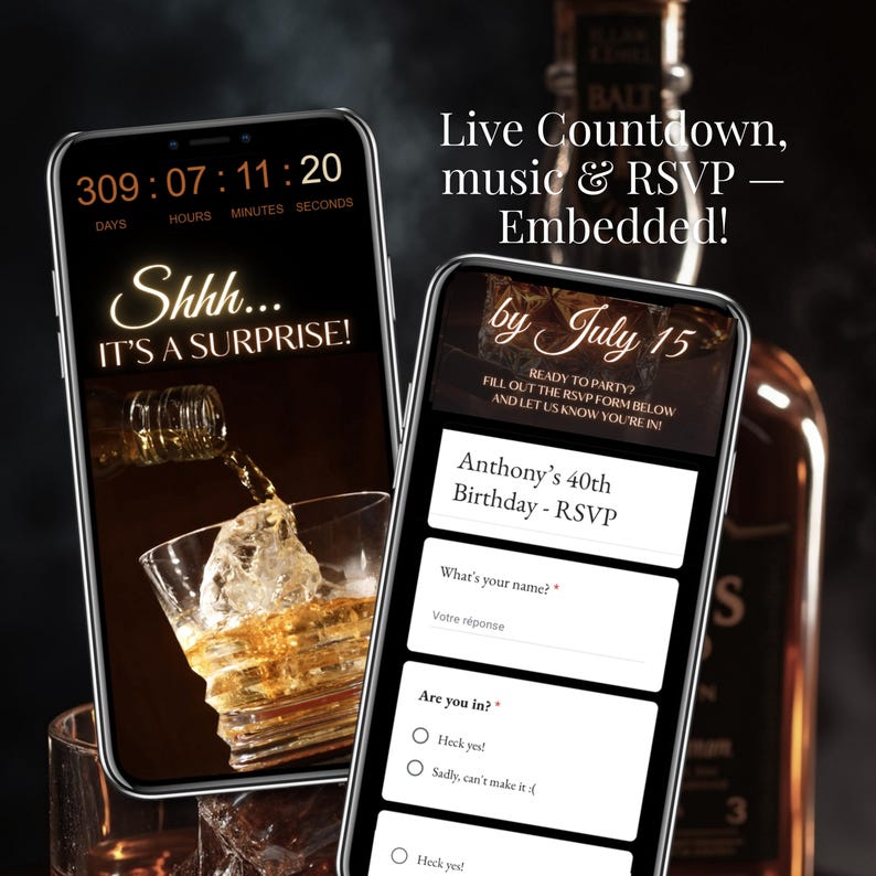 40th Birthday Digital Invitation for Men – Whiskey Theme Editable Party Invite with live countdown timer, RSVP form and music embedded. Online milestone birthday card template customizable in Canva, perfect for surprise parties. Instant download digital invitation for men, designed for 40th birthday but also works for 50th or 60th celebrations. Share instantly via SMS, WhatsApp or email. Aged to Perfection whiskey invite.