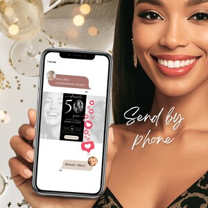 A woman smiling while holding a smartphone displaying a 50th Birthday Invite RSVP Surprise Digital Template. The screen shows an animated birthday evite being sent via SMS text message. This editable electronic invitation is perfect for a modern black and gold milestone party for men or women.
