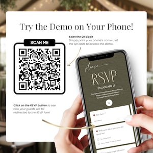 Wedding RSVP website demo QR code, mobile digital invitation Canva template, green wedding save the date, interactive RSVP form, scan to view wedding website invite, modern mobile wedding invitation with RSVP link