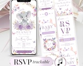 Elephant Baby Shower Invitation Template Digital Editable Baby Invite Little Peanut Gender Neutral Boy or Girl with RSVP, Music, Countdown