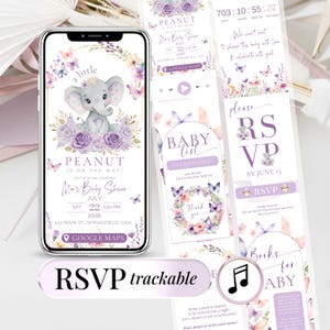 Peut inclure: Une invitation numérique pour une fête prénatale affichée sur un écran de smartphone avec un éléphant, des roses violettes et des papillons. Le texte inclut Peanut is on the way, les détails de la fête, un compte à rebours, RSVP et une liste.