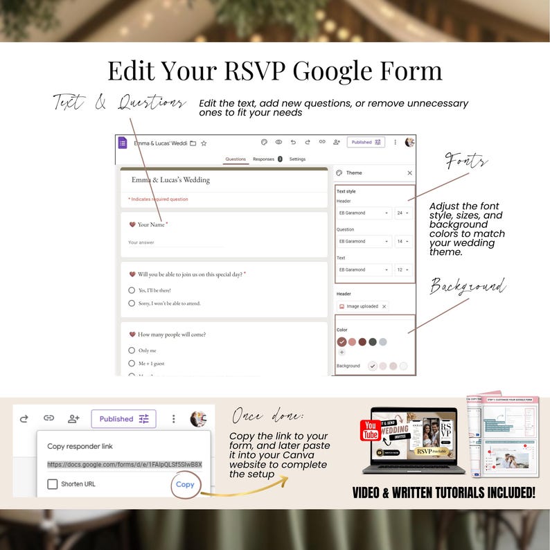 Edit RSVP Google Form wedding template, customize wedding RSVP questions, Canva wedding invitation with RSVP form, digital wedding website setup, editable RSVP template, wedding guest form online, easy RSVP customization