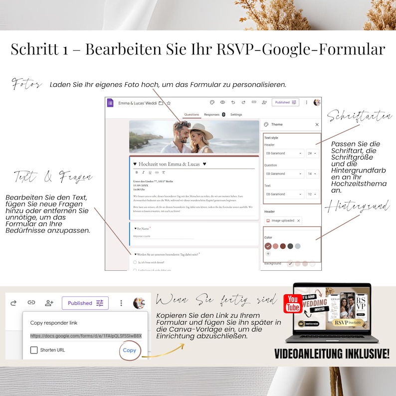 Digitale Canva-Hochzeitseinladung: Stilvolle Vorlage mit integriertem RSVP-Link und Google-Formular. Ideal für Paare, die eine elegante, papierlose und personalisierbare Einladung suchen.